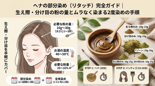 ヘナの部分染め（リタッチ）完全ガイド｜生え際・分け目の粉の量とムラなく染まる2度染めの手順