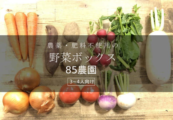 旬の野菜を並べた85農園の野菜ボックス案内画像。農薬・肥料不使用、3〜4人向け。